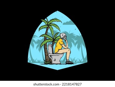 Skeleton man sit on outdoor toilet illustration drawing design