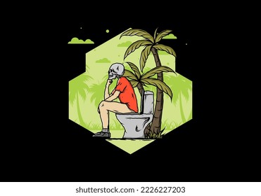 Skeleton man sit on outdoor toilet illustration drawing design