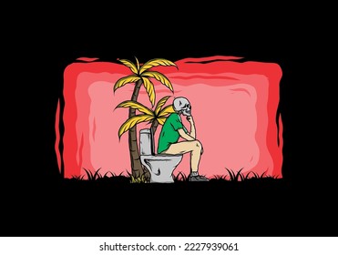 Skeleton man sit on outdoor toilet illustration drawing design