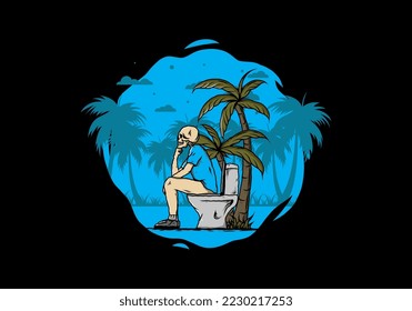 Skeleton man sit on outdoor toilet illustration drawing design
