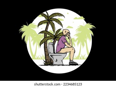 Skeleton man sit on outdoor toilet illustration drawing design