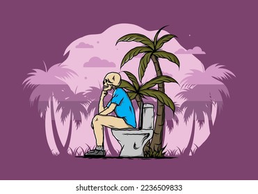 Skeleton man sit on outdoor toilet illustration drawing design