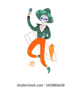 Skeleton man with a skull in a sombrero hat and with maracas dancing, concept of the Mexican day of the dead. Isolated flat vector illustration of a skeleton for the Mexican holiday Day of the Dead.
