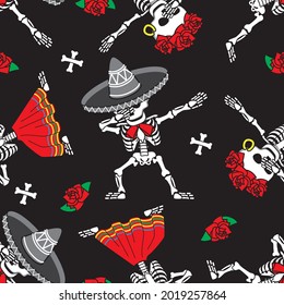 Skeleton man in sombrero and skeleton mexican woman make DAB move, dancing hip hop style. Seamless pattern. Day of the Dead vector illustration.