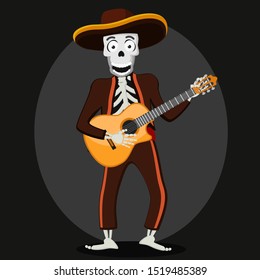 Skeleton of a man in a suit playing guitar. Day of the dead Mexico.