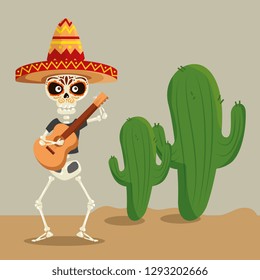 skeleton man wearing hat with guitar to celebrate event