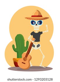 skeleton man wearing hat with guitar and cactus plant
