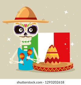 skeleton man wearing hat with maracas and mexico flag