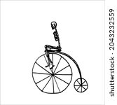 skeleton of a man without arms rides a vintage bicycle. circus act from a skeleton on a High Wheel Bicycle. vector illustration on the theme of halloween in the circus 