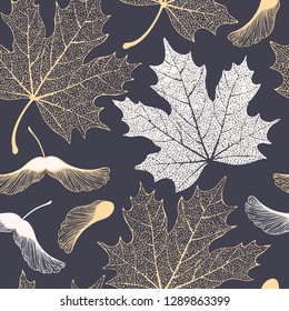 Skeleton maple leaves and seeds seamless pattern