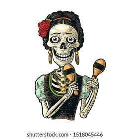 Skeleton with maracas dressed in Mexican national costumes. Vector hand drawn vintage color engraving for poster Day of the Dead, Dia de los Muertos Day. Isolated on white