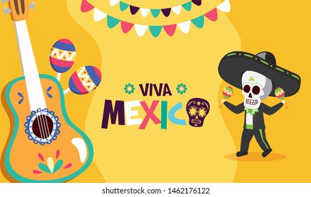 skeleton with maracas guitar celebration viva mexico vector illustration