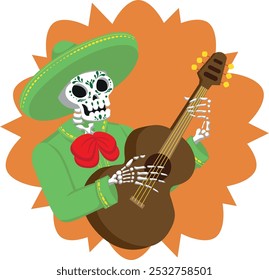 skeleton in mariachi costume playing guitar for the day of the dead