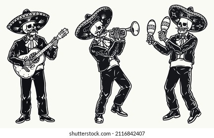 Skeleton mariachi-Ensemble in Sombreros und Charro-Outfits spielen Gitarre, Trompete, Maracas, Vektorgrafik