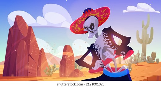 Skeleton mariachi musician in wild west desert landscape with sand, rocks and cacti. Dia de los muertos Mexican Day of dead cartoon character in traditional clothes and sombrero, Vector illustration