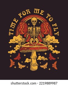 skeleton meditates fly agaric  print T   shirt  psychedelic illustration 