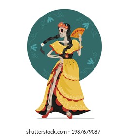 The skeleton of a Mexican dancer in national dress. A postcard for the day of death. A female skeleton in a full-length dance. Vector illustration in cartoon style.