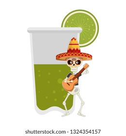 skeleton mexican with guitar and lemonade