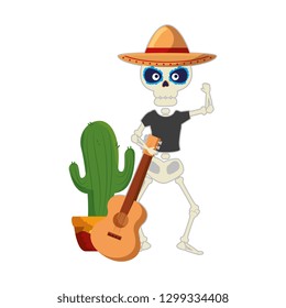 skeleton mexican with hat and guitar