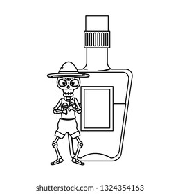 skeleton mexican with hat and tequila bottle