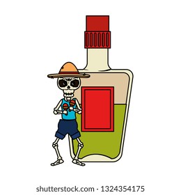 skeleton mexican with hat and tequila bottle