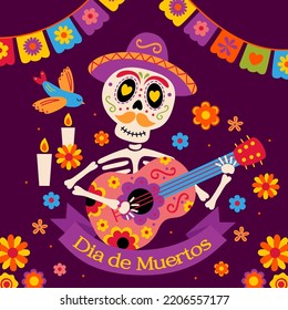 
Skeleton of a Mexican man playing the guitar , Day of the dead
