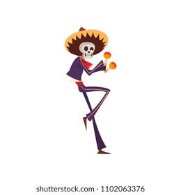 Skeleton in Mexican national costume dancing and playing maracas, Dia de Muertos, Day of the Dead vector Illustration on a white background