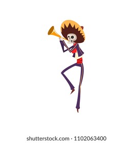 Skeleton in Mexican national costume dancing and playing trumpet, Dia de Muertos, Day of the Dead vector Illustration on a white background