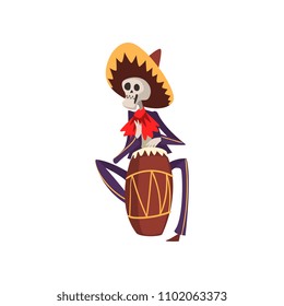 Skeleton in Mexican national costume playing playing the ethnic drum, Dia de Muertos, Day of the Dead vector Illustration on a white background