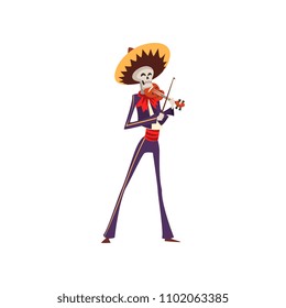 Skeleton in Mexican national costume playing violin, Dia de Muertos, Day of the Dead vector Illustration on a white background