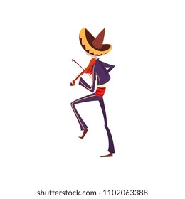 Skeleton in Mexican national costume playing violin, back view, Dia de Muertos, Day of the Dead vector Illustration on a white background