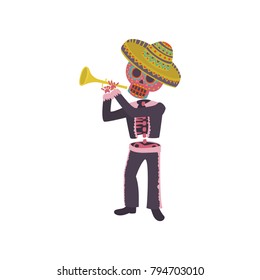 Skeleton in the Mexican national costume playing trumpet, Dia de Muertos cartoon vector Illustration
