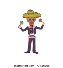 Skeleton in the Mexican national costume playing maraca, Dia de Muertos cartoon vector Illustration