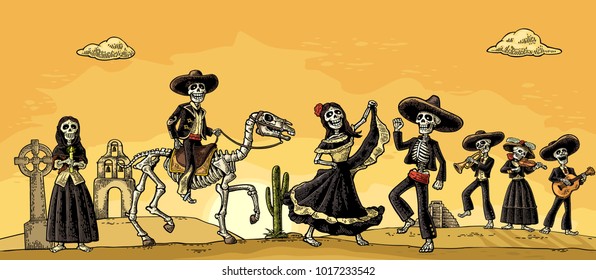 The skeleton in the Mexican national costumes dance  sing  play the guitar  violin  trumpet  Vector vintage engraving  Panorama desert and cactus   sunset and cloud for Dia de los Muertos poster