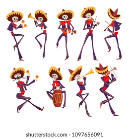 Skeleton in Mexican national costumes dancing, playing violin, trumpet, drum, Dia de Muertos, Day of the Dead vector Illustrations on a white background
