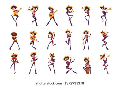 Skeleton in Mexican national costumes dancing and playing guitar, trumpet, maraca, Dia de Muertos, Day of the Dead vector Illustrations on a white background