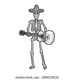 skeleton in Mexican sombrero and with guitar sketch engraving vector illustration. T-shirt apparel print design. Scratch board imitation. Black and white hand drawn image.