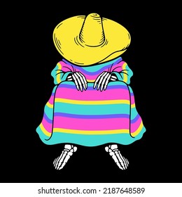 SKELETON MEXICAN IN SOMBRERO AND PONCHO COLOR BLACK BACKGROUND