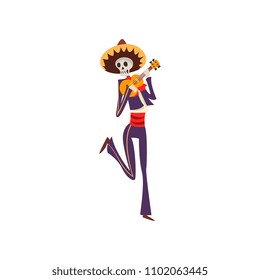 Skeleton in Mexican traditional costume dancing, singing and playing uculele, Dia de Muertos, Day of the Dead vector Illustration on a white background
