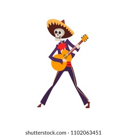 Skeleton in Mexican traditional costume dancing, singing, playing guitar, Dia de Muertos, Day of the Dead vector Illustration on a white background