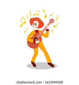 Skeleton In Mexican Traditional Costume Dancing Singing Playing Guitar, Dia De Muertos Day Of The Dead, Vector Illustration On A White Background Stock Illustration