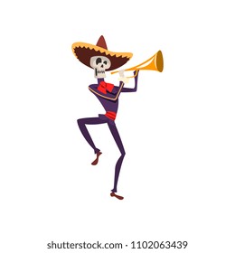 Skeleton in Mexican traditional costume and hat dancing with trumpet, Dia de Muertos, Day of the Dead vector Illustration on a white background