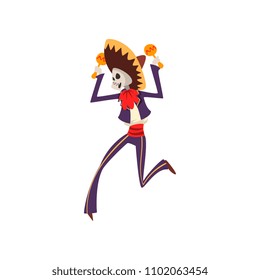 Skeleton in Mexican traditional costume and hat dancing with maracas, Dia de Muertos, Day of the Dead vector Illustration on a white background