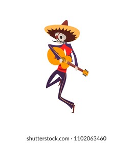 Skeleton in Mexican traditional costume and hat dancing, singing and playing guitar, Dia de Muertos, Day of the Dead vector Illustration on a white background