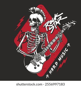 A skeleton with a mohawk plays electric guitar passionately surrounded by bold red and black graphics. This artwork represents the spirit of rock music and rebellion.