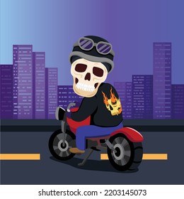 Skeleton Of A Motorcyclist Riding A Chopper In Halloween Fancy To Go Trick Or Treating Cartoon Character, Vector