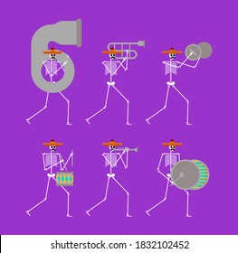 Skeleton music band. Dead man with musical instrument. Skull in sombrero. Day of dead in mexico.