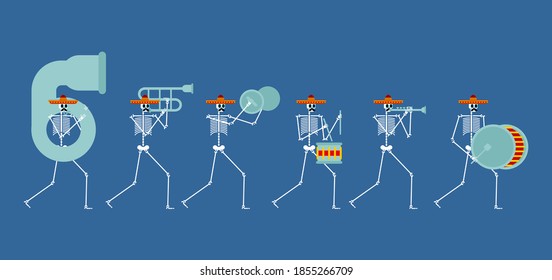 Skeleton music band. Dead man with musical instrument. Skull in sombrero. Day of dead in mexico.