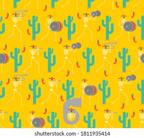 Skeleton music band pattern seamless. Day of dead in mexico background. Dead man with musical instrument. Skull in sombrero. 