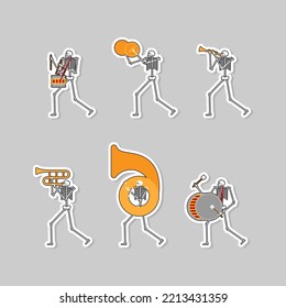 Skeleton music band. Skeletons musicians orchestra. Vector illustration